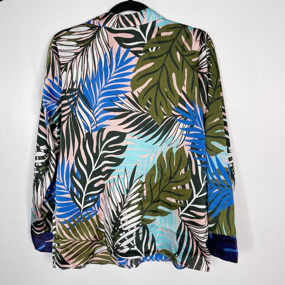 ASOS Design 4 Blue Tropical Border Print Satin Pajama Set Long Sleeve Top Pants - Picture 3 of 16